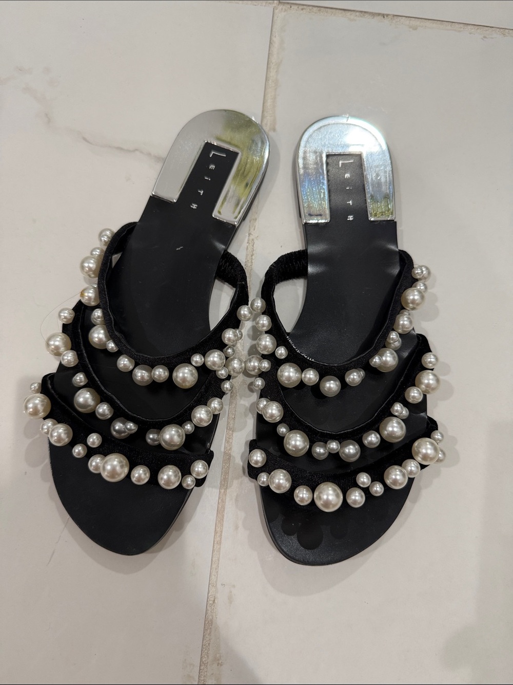 Black Pearl-Embellished Slide Sandals
